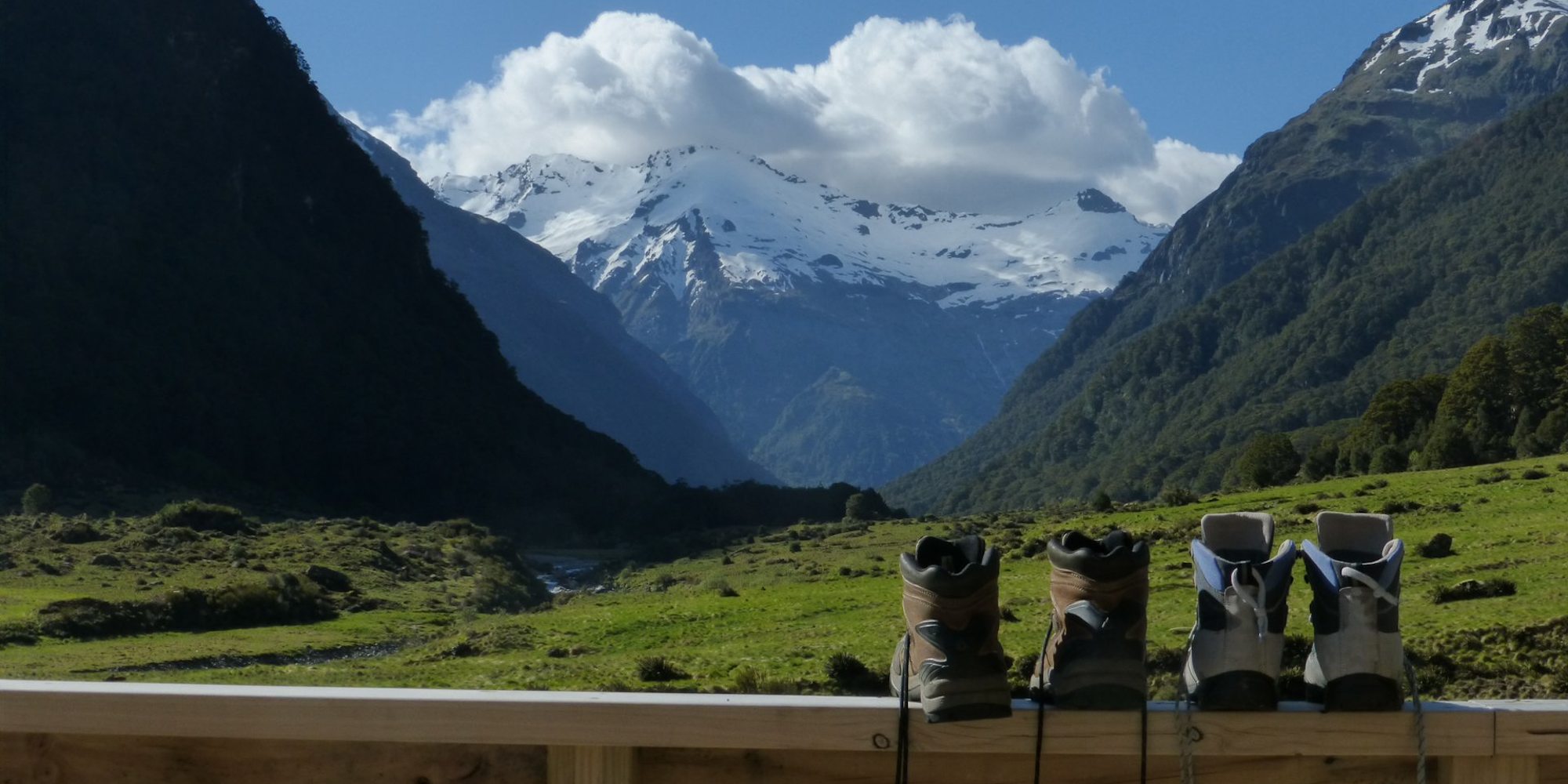 Hiking boots on the Siberia Hut balcony in Mt Aspiring National Park South Island, New Zealand